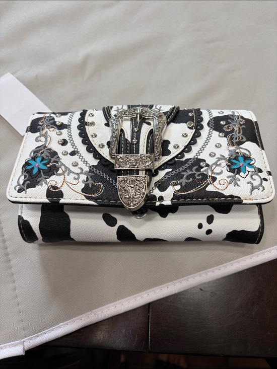 Handbags - NWT Black White Cow Print Western Leather Buckle Embroidered Crossbody Wallet